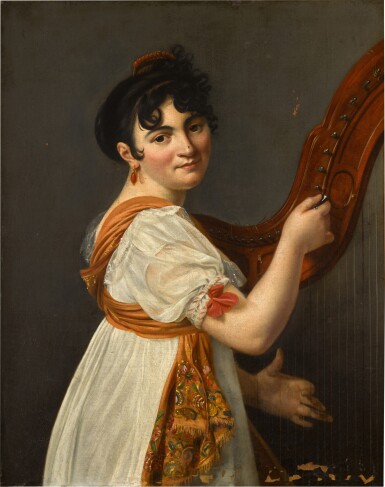 View full screen - View 1 of Lot 222. Portrait of a lady tuning a harp.