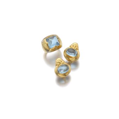 View full screen - View 1 of Lot 214. BLUE TOPAZ RING, 'PIRAMIDE', AND A PAIR OF EARRINGS, BULGARI.