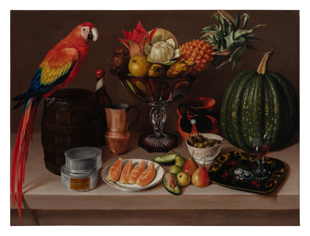 View full screen - View 1 of Lot 54. Cuadro de Comedor (Guacamaya, barril, frutero de cristal cortado y calabaza).