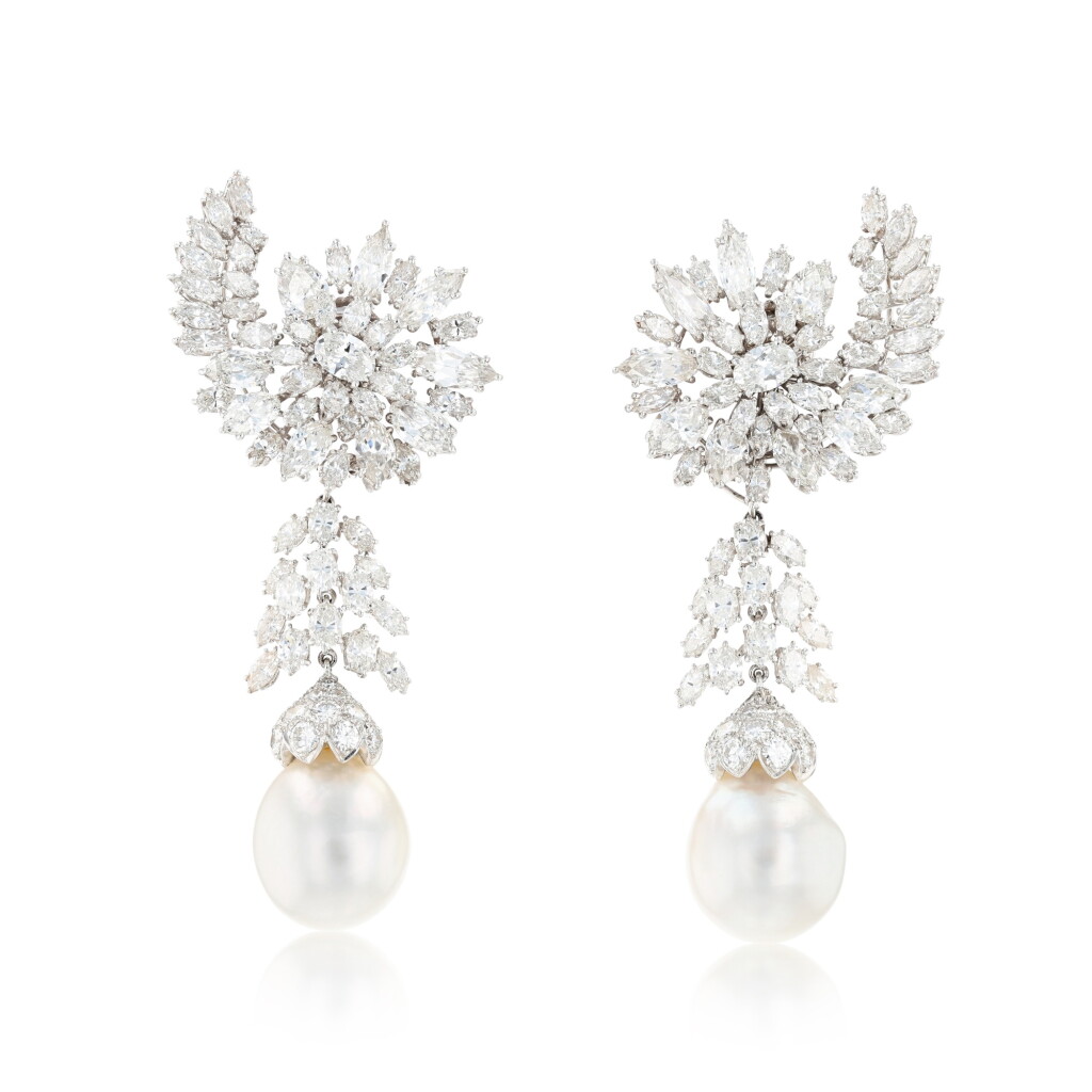 View full screen - View 1 of Lot 9. Pair of cultured pearl and diamond pendent ear clips | Paire de clips d'oreille perles de culture et diamants .