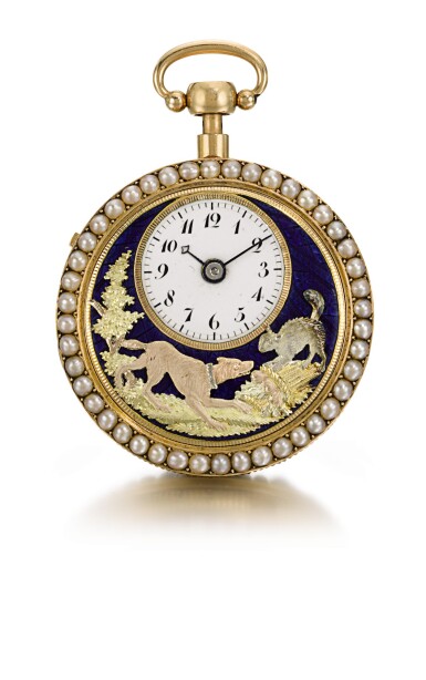 View full screen - View 1 of Lot 34. 'THE BARKING DOG' PIGUET & MEYLAN | A VERY FINE, RARE AND SMALL GOLD, ENAMEL AND PEARL-SET OPEN-FACED QUARTER REPEATING AUTOMATON WATCH MADE FOR THE CHINESE MARKET CIRCA 1810, NO. 277.