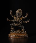 A gilt-lacquered wood figure of Mahakala, Qing dynasty, 17th / 18th century | 清十七 / 十八世紀 木雕加彩大黑天像
