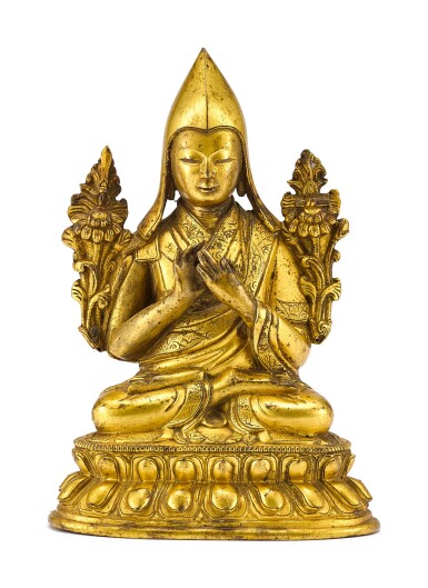 View full screen - View 1 of Lot 6054. A GILT-BRONZE FIGURE OF TSONGKHAPA, QING DYNASTY, 18TH CENTURY | 清十八世紀 鎏金銅宗喀巴坐像.