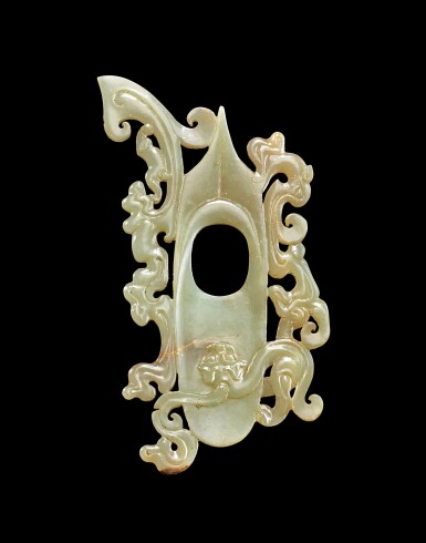 View full screen - View 1 of Lot 921. A finely carved white jade 'chilong and monkey' she-shaped pendant, Eastern Han dynasty | 東漢 螭猴紋韘形玉珮.