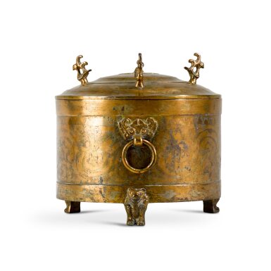 View full screen - View 1 of Lot 109. A gilt and silvered bronze ‘animal’ vessel and cover, zun, Han dynasty | 漢 銅鎏金銀狩獵紋鋪首銜環蓋樽.