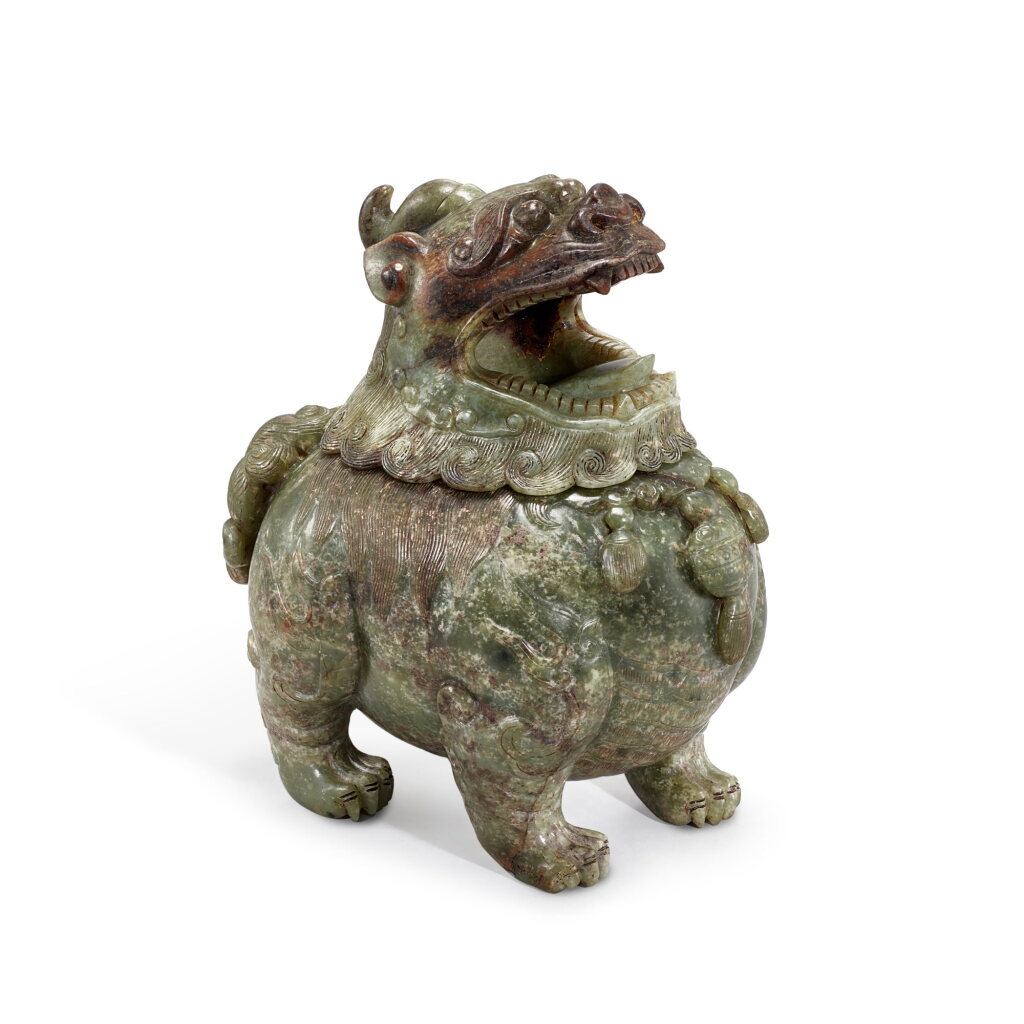 View full screen - View 1 of Lot 3072. A mottled green jade luduan-form incense burner, 20th century | 二十世紀 青玉甪端形熏爐.