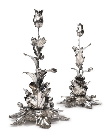 View full screen - View 1 of Lot 234. A PAIR OF TALL ITALIAN SILVER CANDLESTICKS, FLORENCE, SECOND HALF 20TH CENTURY.
