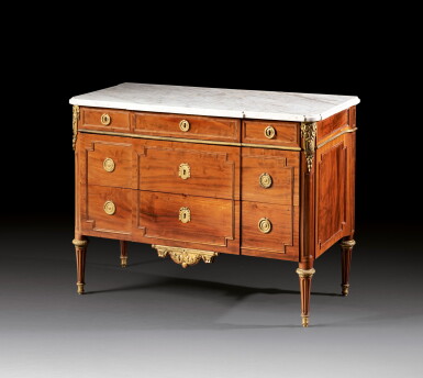 View full screen - View 1 of Lot 122. A Louis XVI mahogany and gilt-bronze commode, circa 1780, stamped 'J.H RIESENER' | Commode en acajou et bronze doré d'époque Louis XVI, vers 1780, estampillée "J.H. RIESENER".