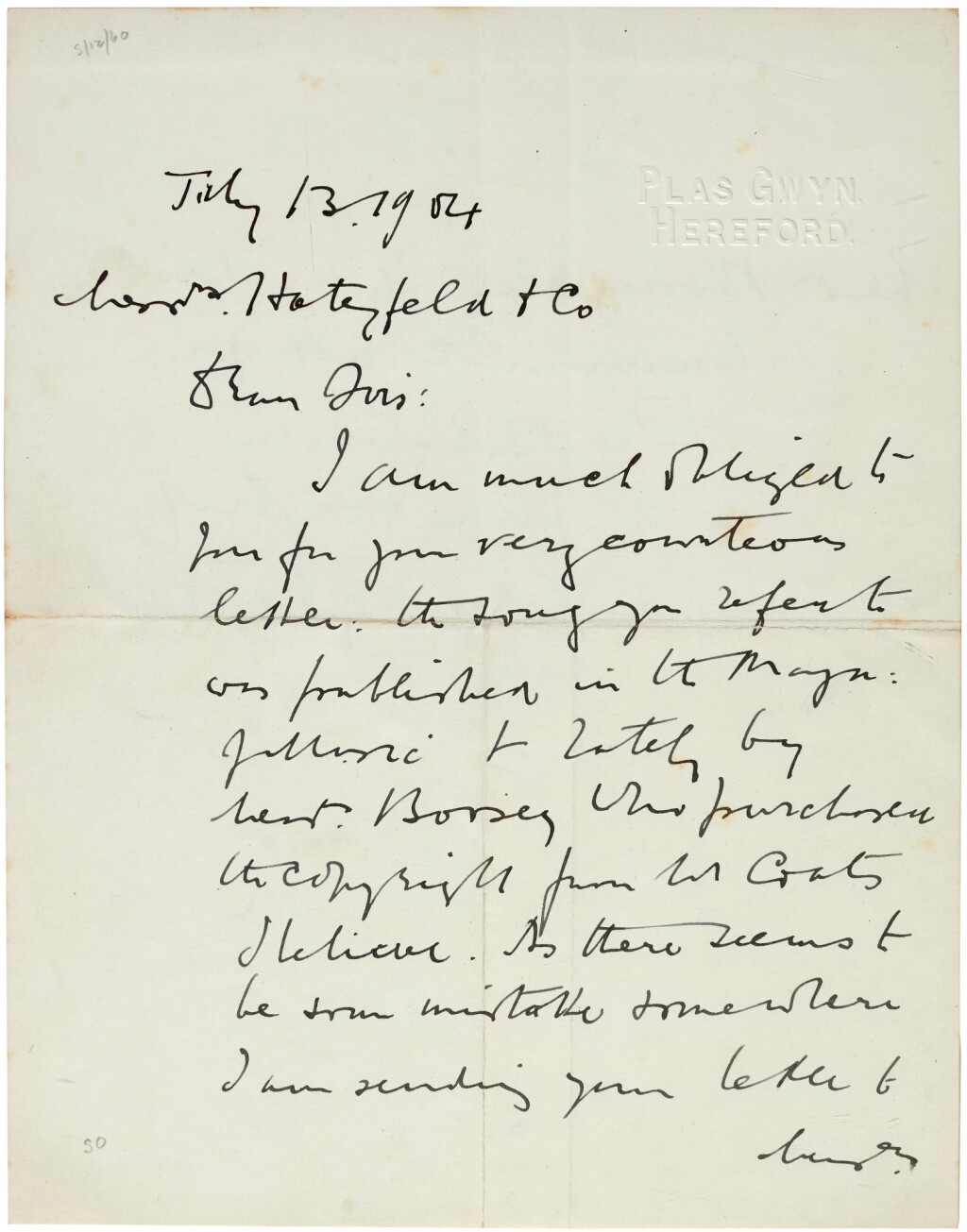View full screen - View 1 of Lot 33. E. Elgar. Autograph letter signed to the publishers Hatzfeld & Co., 13 July 1904.