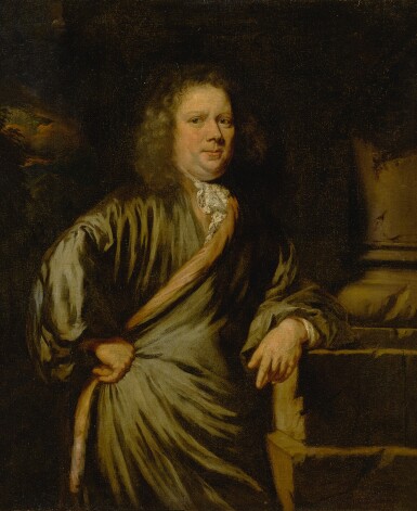 View full screen - View 1 of Lot 28. Portrait of a gentleman, in a grey cloak, resting his left arm on the base of a column.