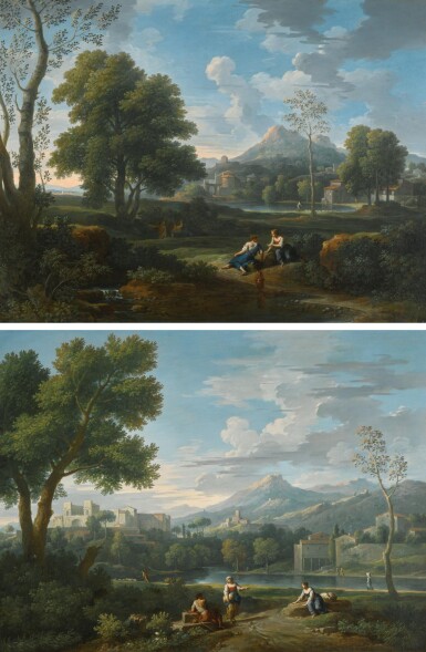 View full screen - View 1 of Lot 183. JAN FRANS VAN BLOEMEN, CALLED ORIZZONTE | An Italianate landscape with two women conversing with a shepherd, a castle beyond; and An Italianate landscape with women conversing on a path by a brook, a lake and mountain beyond.
