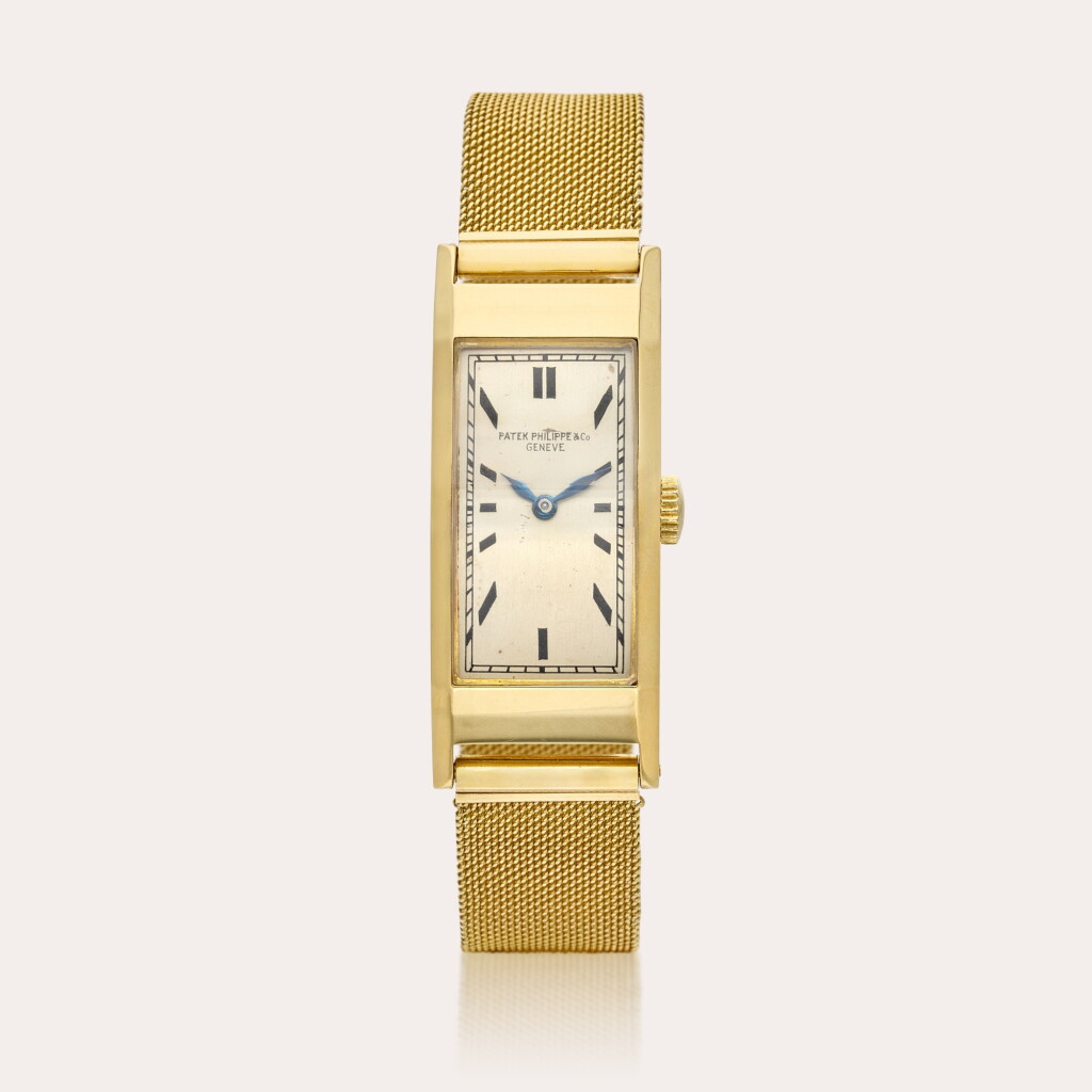 View full screen - View 1 of Lot 393. A yellow gold rectangular wristwatch with Gay Frères bracelet, Circa 1920.