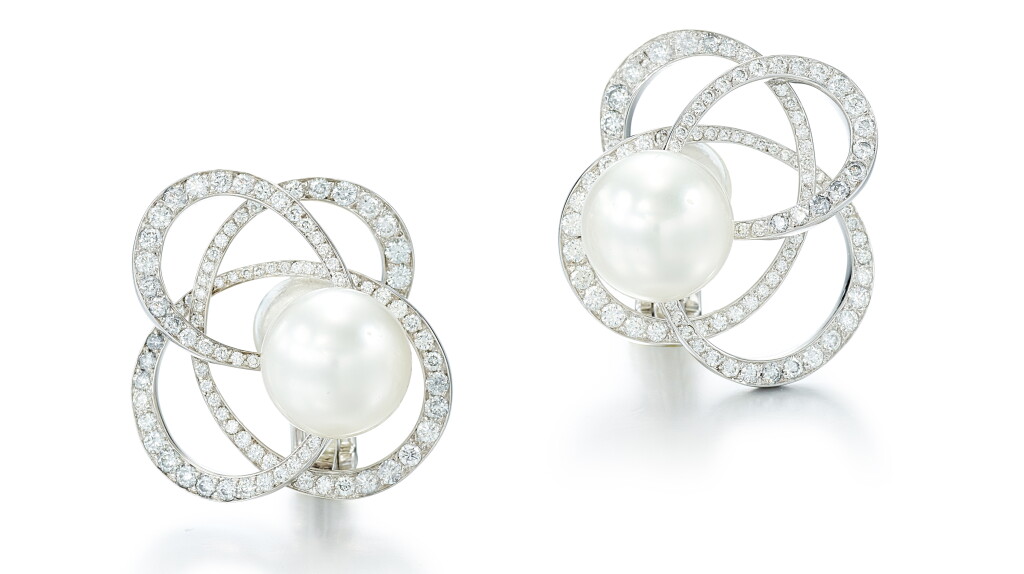 View full screen - View 1 of Lot 9102. PAIR OF CULTURED PEARL AND DIAMOND EAR CLIPS, CHANEL | 養殖珍珠 配 鑽石 耳環一對, 香奈兒 ( Chanel ).