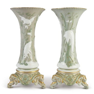 View full screen - View 1 of Lot 333. A PAIR OF LIMOGES (HENRI ARDANT & CO.) PÂTE-SUR-PÂTE VASES, CIRCA 1870.