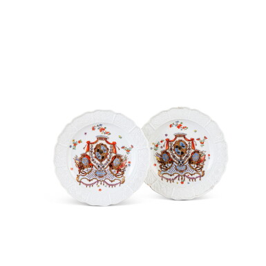 View full screen - View 1 of Lot 663. Two Meissen porcelain armorial plates from the 'Münnich' Service, circa 1738.
