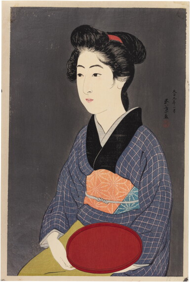View full screen - View 1 of Lot 797. Hashiguchi Goyo (1880-1921) | Woman with a Tray (Bon moteru onna) | Taisho period, early 20th century .