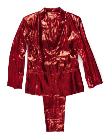 View full screen - View 1 of Lot 97. DR. DRE'S SHINY RED WORLD CLASS WRECKIN' CRU "RAPPED IN ROMANCE" SUIT, CA 1985-86.