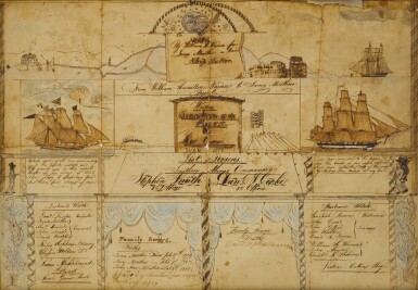 View full screen - View 1 of Lot 1626. Important and Rare Remembrance of the Ship Baltic & Her Crew War of 1812 Fraktur.