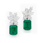 A Rare Pair of Emerald and Diamond Pendent Earrings, Tops by Harry Winston | 海瑞溫斯頓鑽石耳環一對 配 7.05及6.65 克拉 天然「哥倫比亞」無油祖母綠