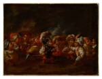 A group of costumed dwarfs in conversation and preparing for a battle