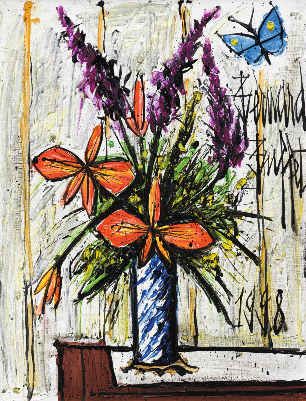 View full screen - View 1 of Lot 438. BERNARD BUFFET | BOUQUET DANS UN VASE BLEU ET BLANC.