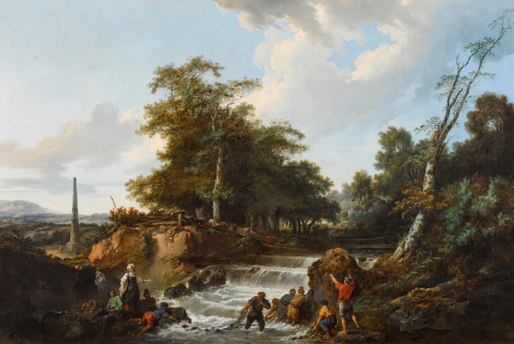 View full screen - View 1 of Lot 59. Fisherfolk laying nets by a waterfall.