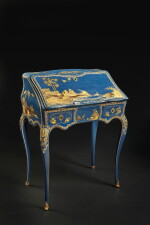 A Louis XV Gilt-Bronze Mounted Blue and Gold Lacquer, Amaranth and Bois Satiné Bureau en Pente by Pierre IV Migeon, Circa 1735-40; the lacquer decoration Paris, possibly by the Martin Frères workshop
