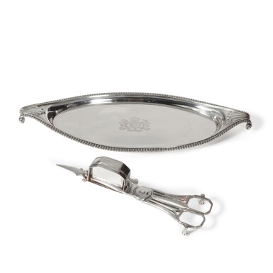 View full screen - View 1 of Lot 1840. A George III Silver Snuffers, William Booth, London 1806, and a Snuffers Stand, Richard Cooke, London 1805.