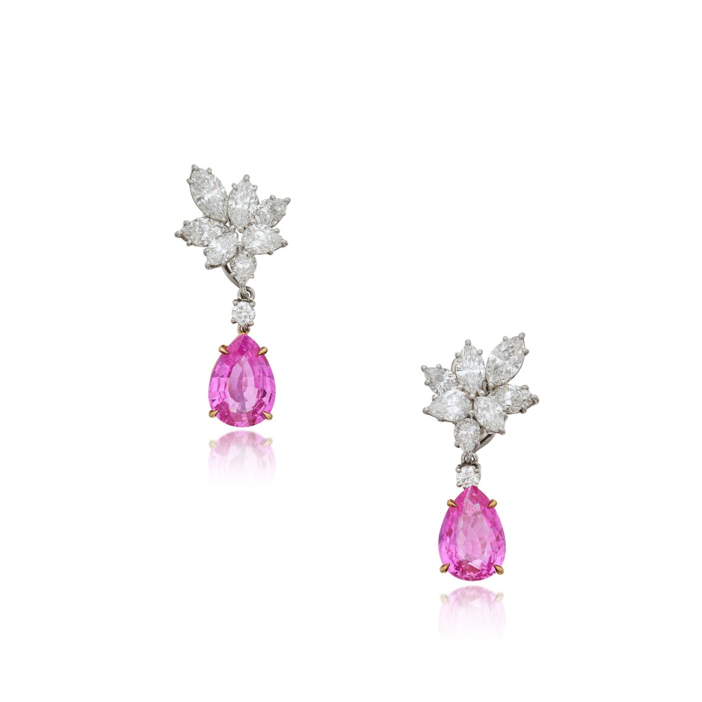 View full screen - View 1 of Lot 23. Pair of Pink Sapphire and Diamond Pendant-Earclips.