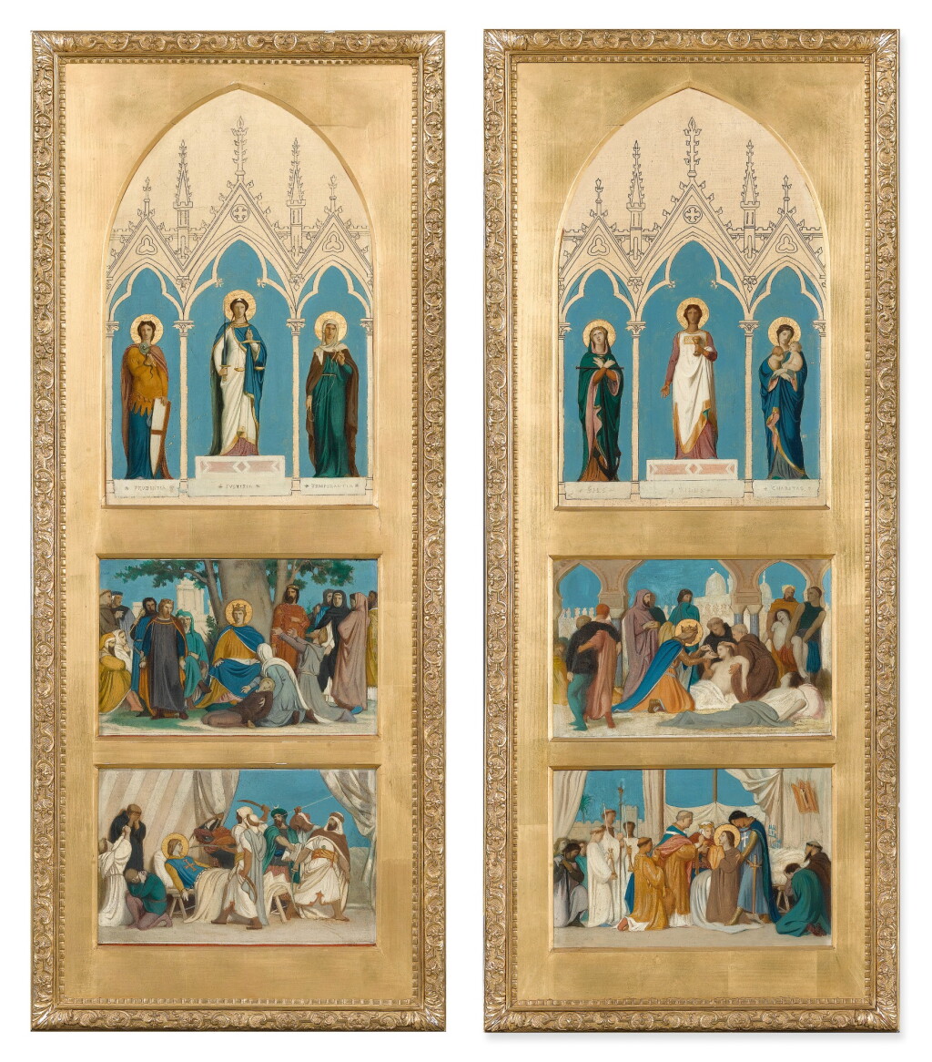 View full screen - View 1 of Lot 672. Two Sketches for the Chapel of Saint Louis at Sainte-Clotilde Decorations: Prudence, Justice and Temperance; Saint Louis Dispensing Justice; Saint Louis Made Prisoner at Mansourah and Faith, Hope and Charity; Saint Louis Caring for the Sick; Saint Louis' Last Communion.