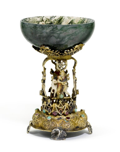 View full screen - View 1 of Lot 149. A silver-gilt and enamel mounted moss agate salt , apparently unmarked, probably Austro-Hungarian, 19th century.