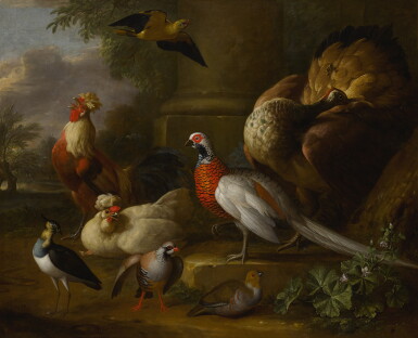 View full screen - View 1 of Lot 33. Peacock, pheasant, chickens, partridges and a lapwing in a landscape.