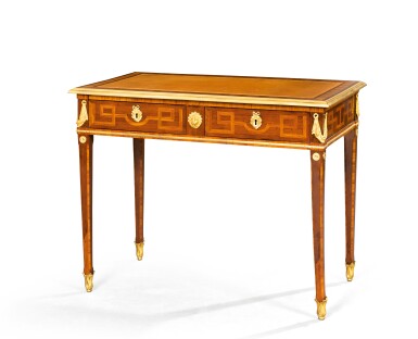 View full screen - View 1 of Lot 106. A late Louis XV gilt-bronze mounted amaranth and tulipwood veneered bureau plat, circa 1770, stamped by Philippe-Claude Montigny.