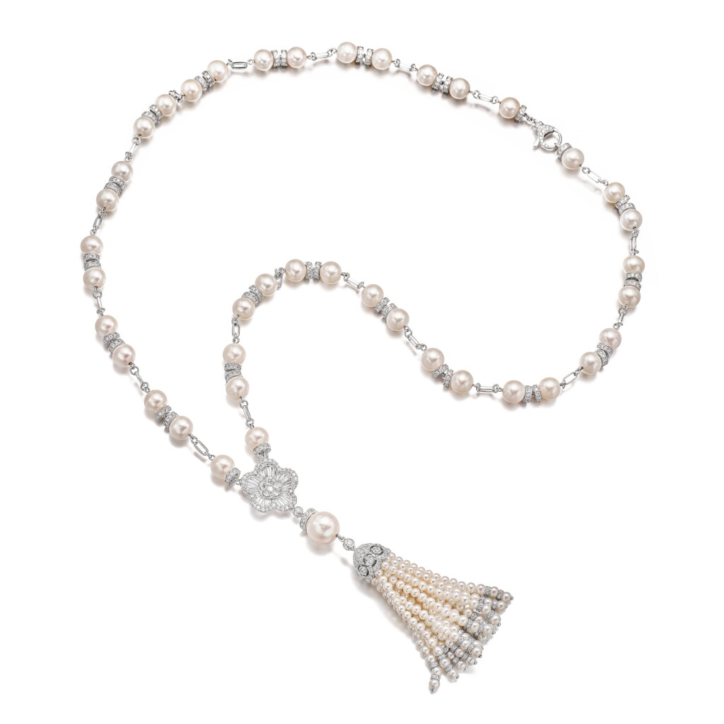 View full screen - View 1 of Lot 1764. CULTURED PEARL, SEED PEARL AND DIAMOND SAUTOIR | 養殖珍珠 配 珍珠 及 鑽石 項鏈 Necklace.