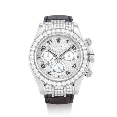 View full screen - View 1 of Lot 2237. ROLEX | COSMOGRAPH DAYTONA, REFERENCE 116599 A WHITE GOLD AND DIAMOND-SET CHRONGORAPH WRISTWATCH, 2007 " | 勞力士 | Cosmograph Daytona 型號116599 白金鑲鑽石計時腕錶,錶殼編號M385999,約2007年製".