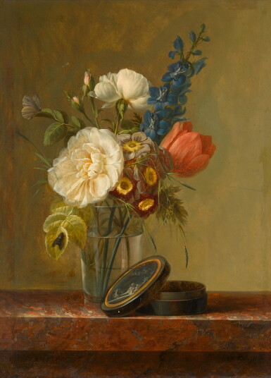 View full screen - View 1 of Lot 123. CHRISTIAEN VAN POL | STILL LIFE OF A ROSE, A TULIP, AND OTHER FLOWERS, WITH A PAINTED BOX, ALL ON A MARBLE LEDGE.