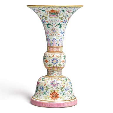 View full screen - View 1 of Lot 161. A famille-rose 'bajixiang' altar vase (Gu), Qianlong seal mark and period | 清乾隆 粉彩纏枝蓮八吉祥紋花觚 《大清乾隆年製》款.