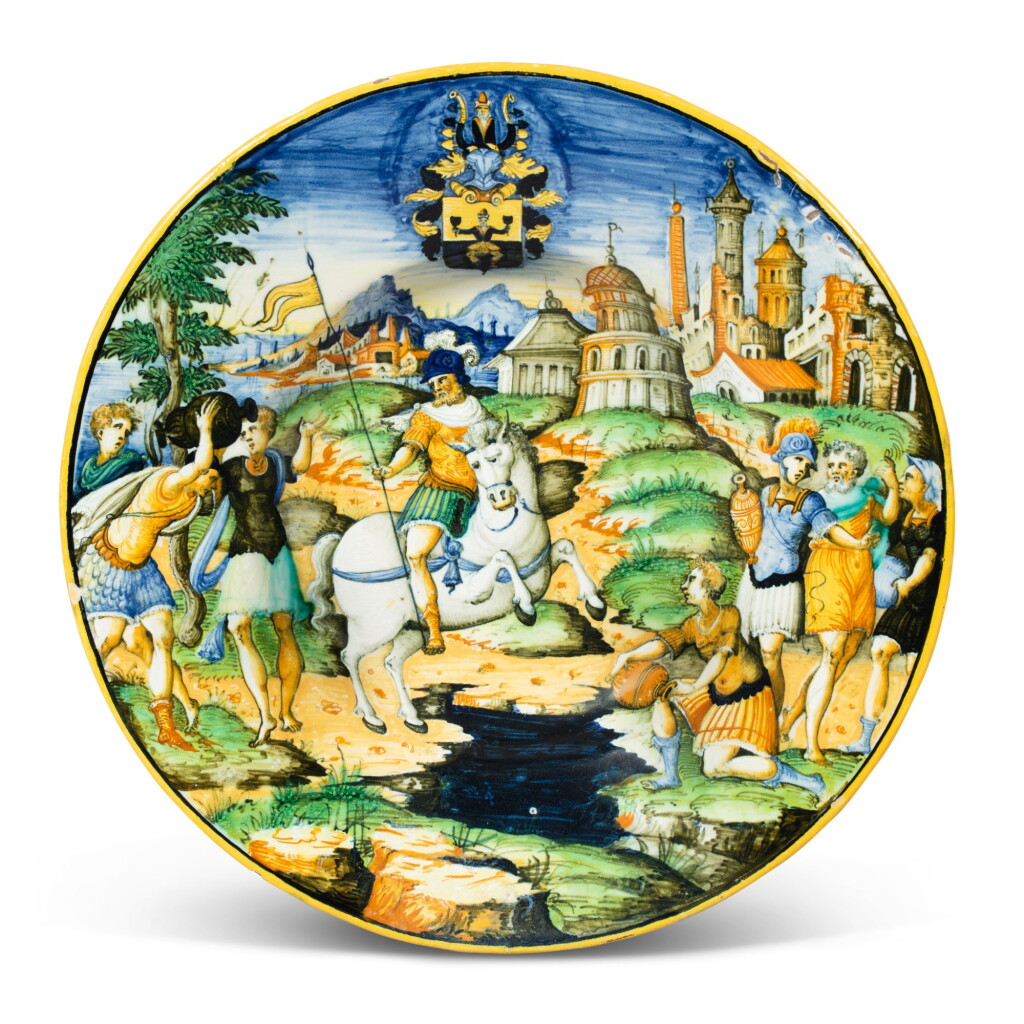 View full screen - View 1 of Lot 171. An Italian maiolica armorial istoriato dish from the Scheuffelin Service, circa 1560, Urbino.