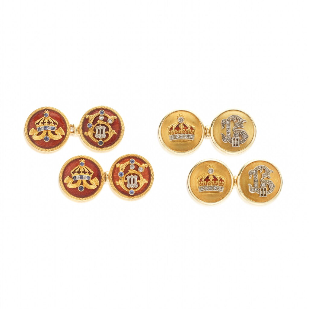 View full screen - View 1 of Lot 1037. Two pairs of enamel, diamond and sapphire presentation cufflinks, circa 1940.