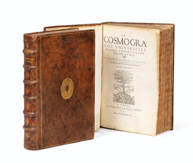 View full screen - View 1 of Lot 197. THEVET. La Cosmographie universelle... Paris, 1575. 2 vol. in-folio. Reliure de l'époque..