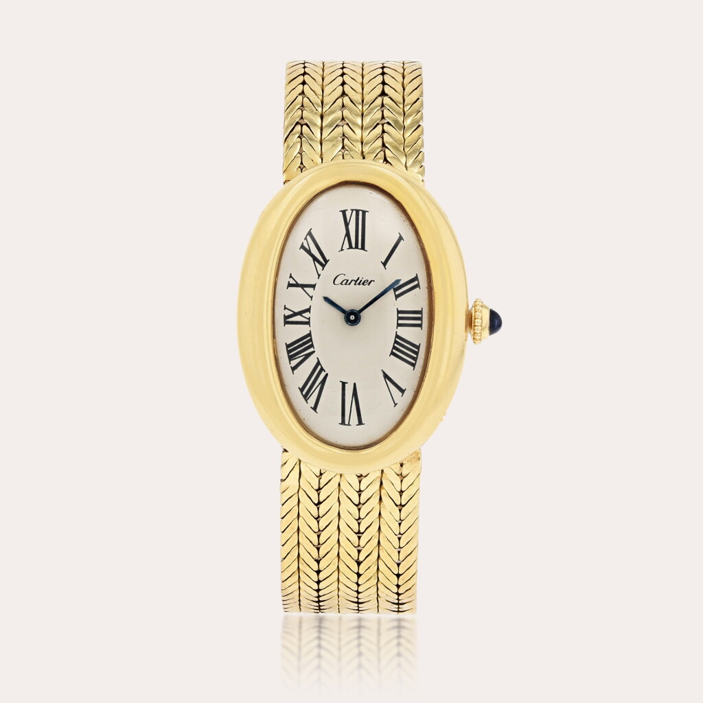 View full screen - View 1 of Lot 350. Baignoire Montre bracelet en or jaune, offerte à Joseph Losey par sa proche amie Elizabeth Taylor et accompagnée d’une boîte à cigares non signée, offerte par son ami le célèbre acteur français Alain Delon | Yellow gold wristwatch with bracelet gifted to Joseph Losey by his close friend Elizabeth Taylor and accompanied by an unsigned cigar box gifted by another friend the famous French actor Alain Delon Vers 1967 | Circa 1967.
