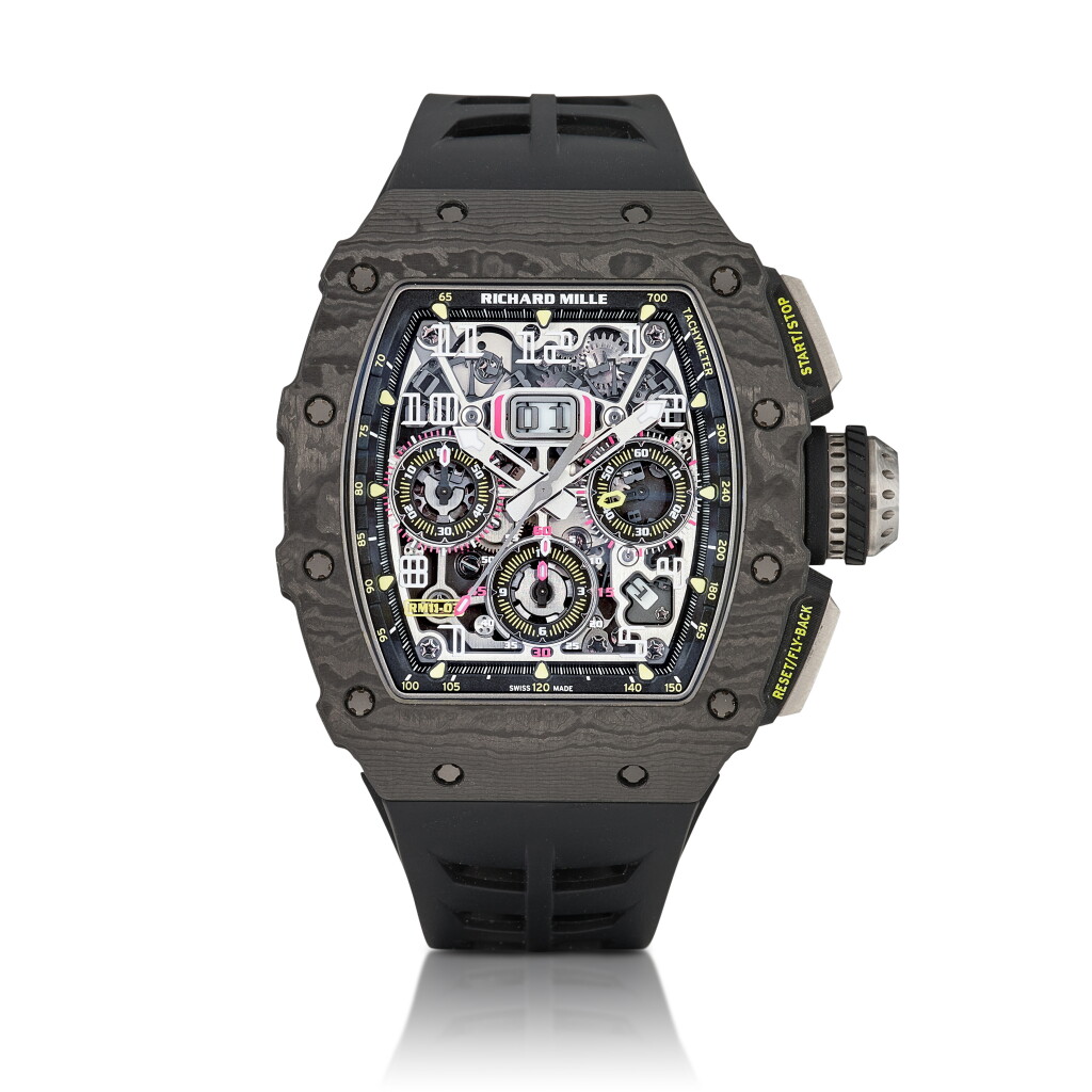 View full screen - View 1 of Lot 2059. RM11-03 CA TPT | A carbon fiber and titanium semi-skeletonised annual calendar flyback chronograph wristwatch, Circa 2019 | RM11-03 CA TPT | 炭纖維及鈦金屬半鏤空年曆飛返計時腕錶,約2019年製.