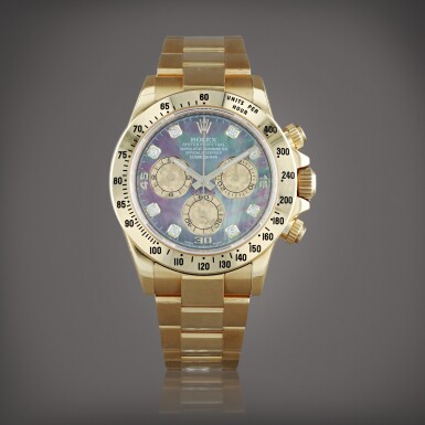 View full screen - View 1 of Lot 613. Daytona, reference 116528H Montre bracelet chronographe en or jaune sertie de diamants | Yellow gold diamond-set chronograph wristwatch with bracelet Vers 2014 | Circa 2014.