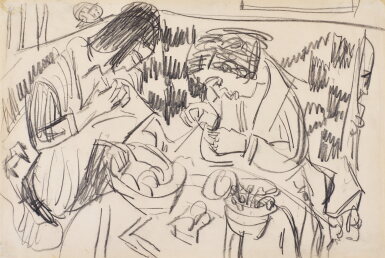 View full screen - View 1 of Lot 37. Zwei nähende Frauen am Tisch (Two Women Sewing at the Table).
