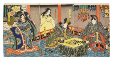 View full screen - View 1 of Lot 34. Utagawa Kunisada (1786-1864) | The actors Onoe Baiko IV, Ichikawa Kodanji IV, Morita Kanya XI, Bando Hikosaburo IV in the roles of Gento's Wife Koshojo, the Ghost of Abe no Nakamaro, the Chinese Minister Gento and Minister Kibi | Edo period, 19th century.