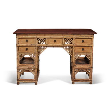 View full screen - View 1 of Lot 756. A bamboo and red-lacquered five-drawer desk, Qing dynasty, 19th century | 清十九世紀 竹配紅漆面五屜桌.