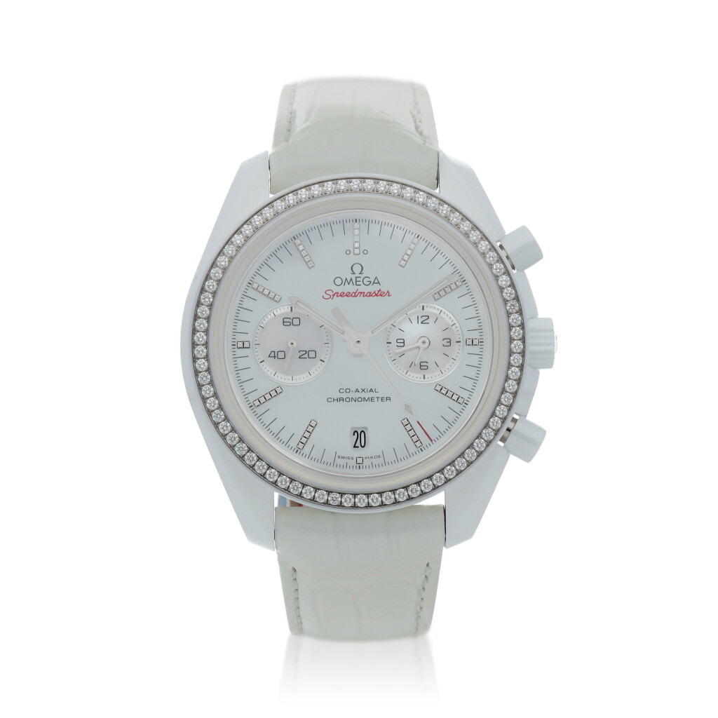 View full screen - View 1 of Lot 33. White Side of the Moon Speedmaster, Ref. 311.98.44.51.55.001 White ceramic and diamond-set chronograph wristwatch with date and mother-of-pearl dial Circa 2020.