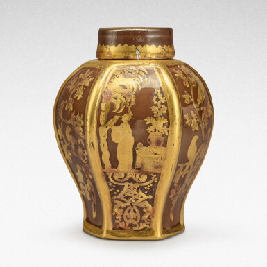 View full screen - View 1 of Lot 16. A Meissen Hausmaler brown-glazed hexagonal tea canister and cover, Circa 1730.
