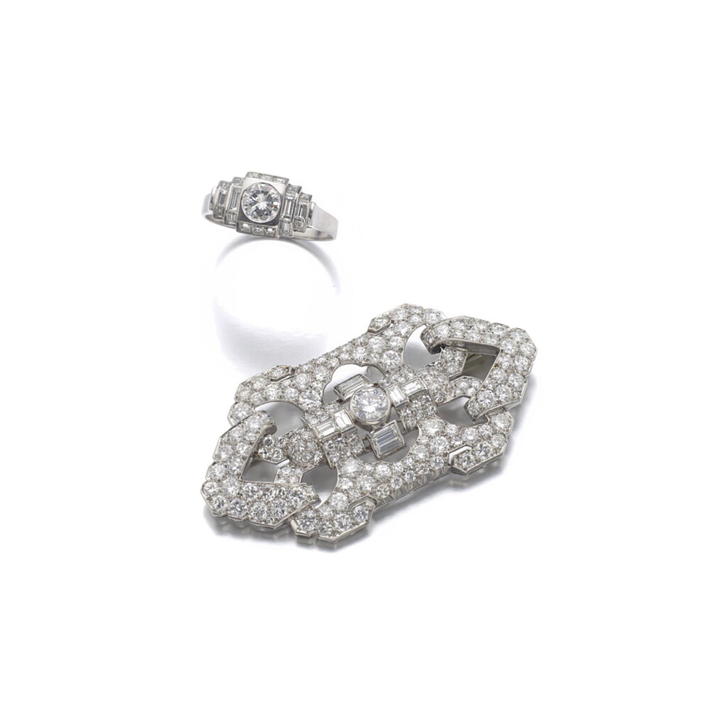 View full screen - View 1 of Lot 274. DIAMOND BROOCH, AND A DIAMOND RING, 1930S.