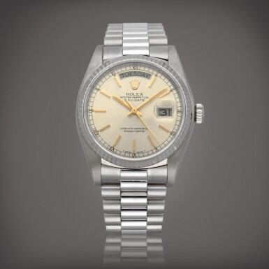 View full screen - View 1 of Lot 25. Day-Date, Reference 18039 A white gold wristwatch with day, date and bracelet Circa 1981 | 勞力士 | Day-Date 型號 18039 白金鍊帶腕錶備星期及日期顯示,製作年份約 1981.